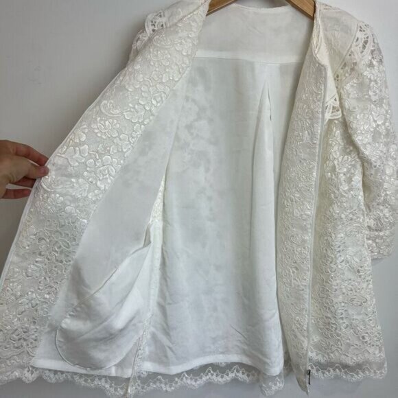 Vintage 70s Handmade Floral White Lace Embroidered Structured Jacket Coat Dress - Picture 11 of 15